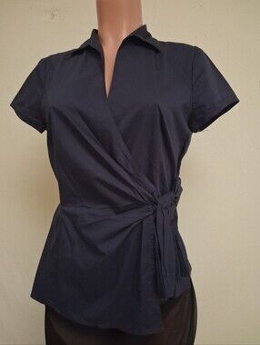 New York & Company Wrap Blouse Size M – Navy Blue Short Sleeve V-Neck Tie Waist